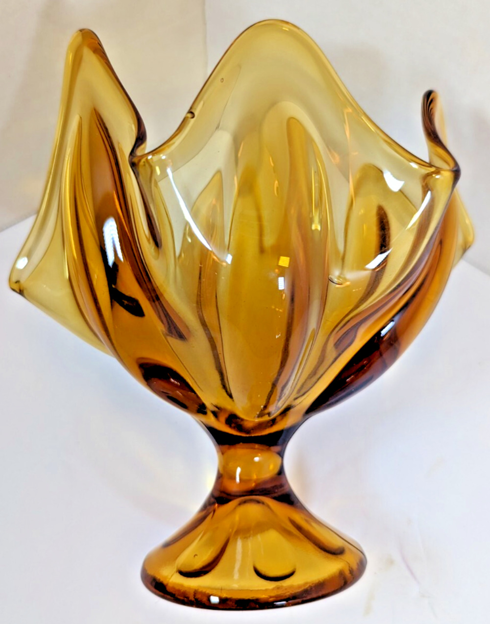 Vtg Viking Amber Gold Glass Handkerchief Pedestal 8" tall mint condition